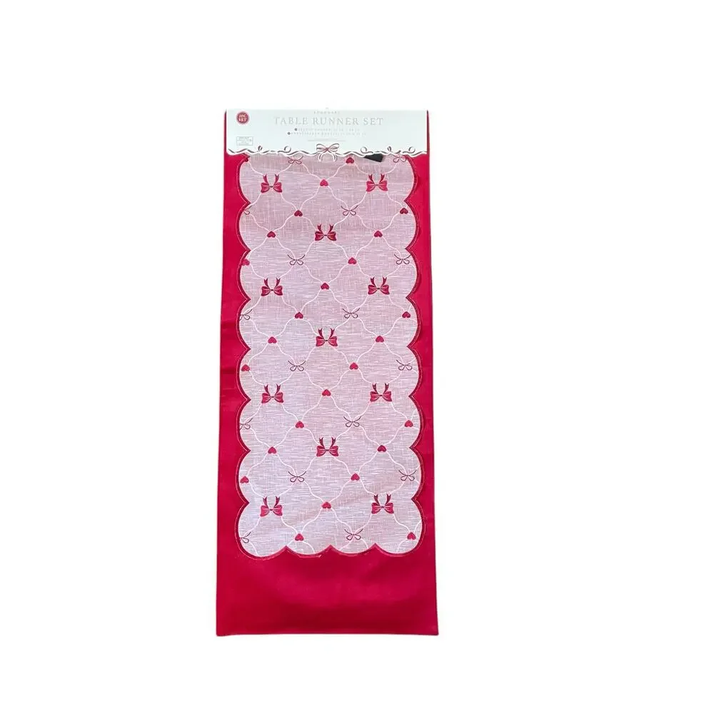2pc Velvet Valentines Day Table Runner Bows Hearts Red & White by Envogue New